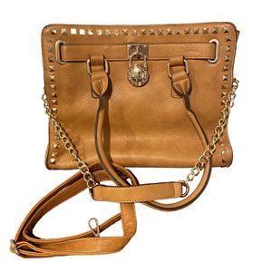 Light Brown handbag with gold studs, gold chain handle, many pockets, front lock